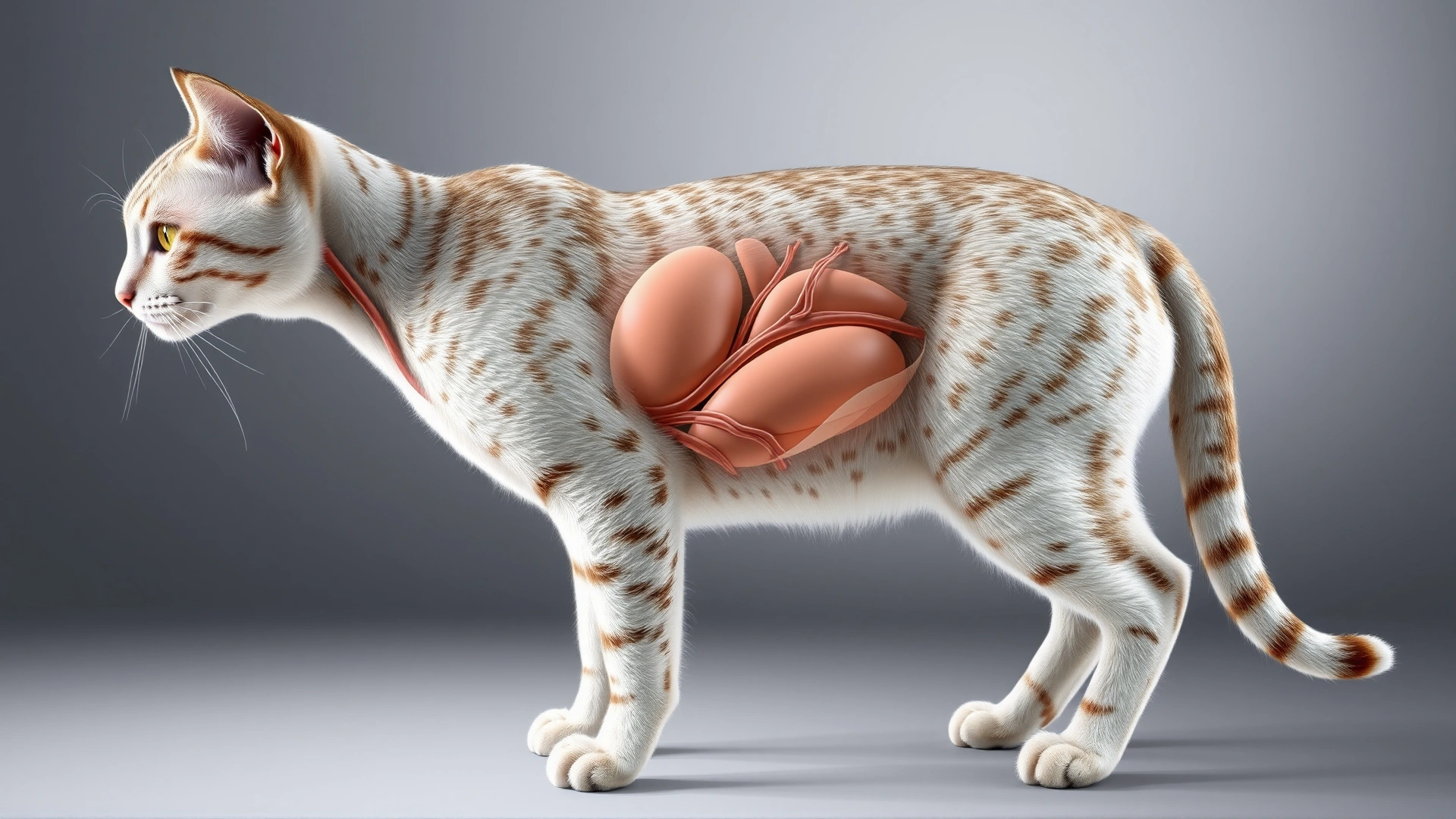 Semi-realistic medical-style illustration of a healthy cat standing sideways with a subtle transparent overlay highlighting abdominal organs and portal vein; no text or labels.