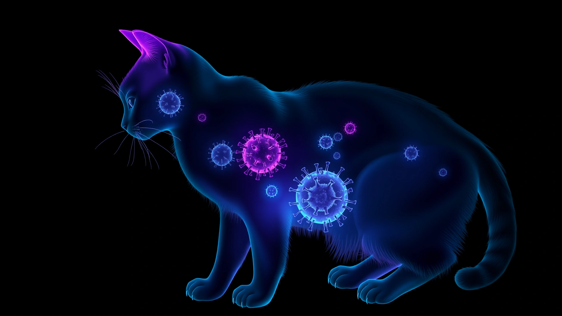 Illustrative concept image of a translucent cat silhouette with glowing immune cells floating inside, teal and purple tones, black background, no text