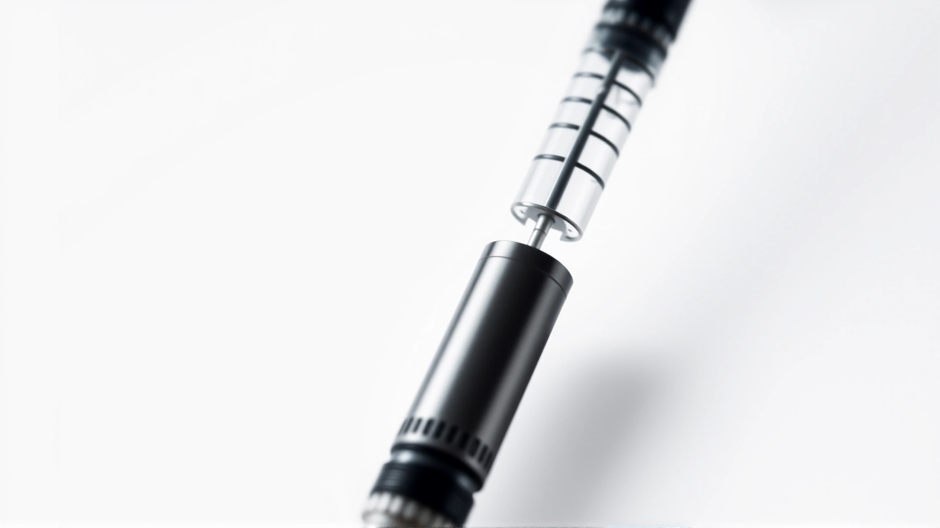 Close-up macro shot of a microchip for pets next to the tip of a hypodermic needle on a white background, high detail, studio lighting