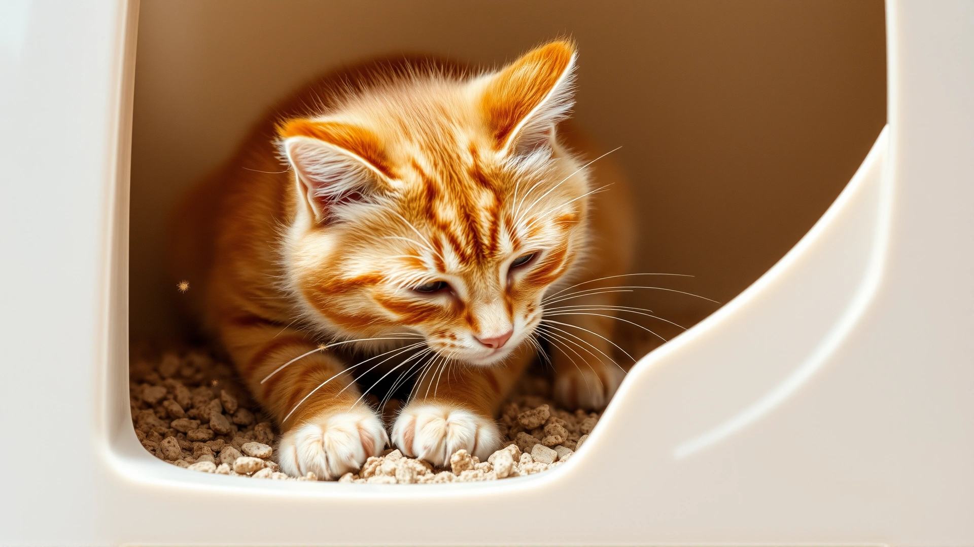 Orange domestic cat digging enthusiastically inside a clean litter box, granules flying slightly to show motion.