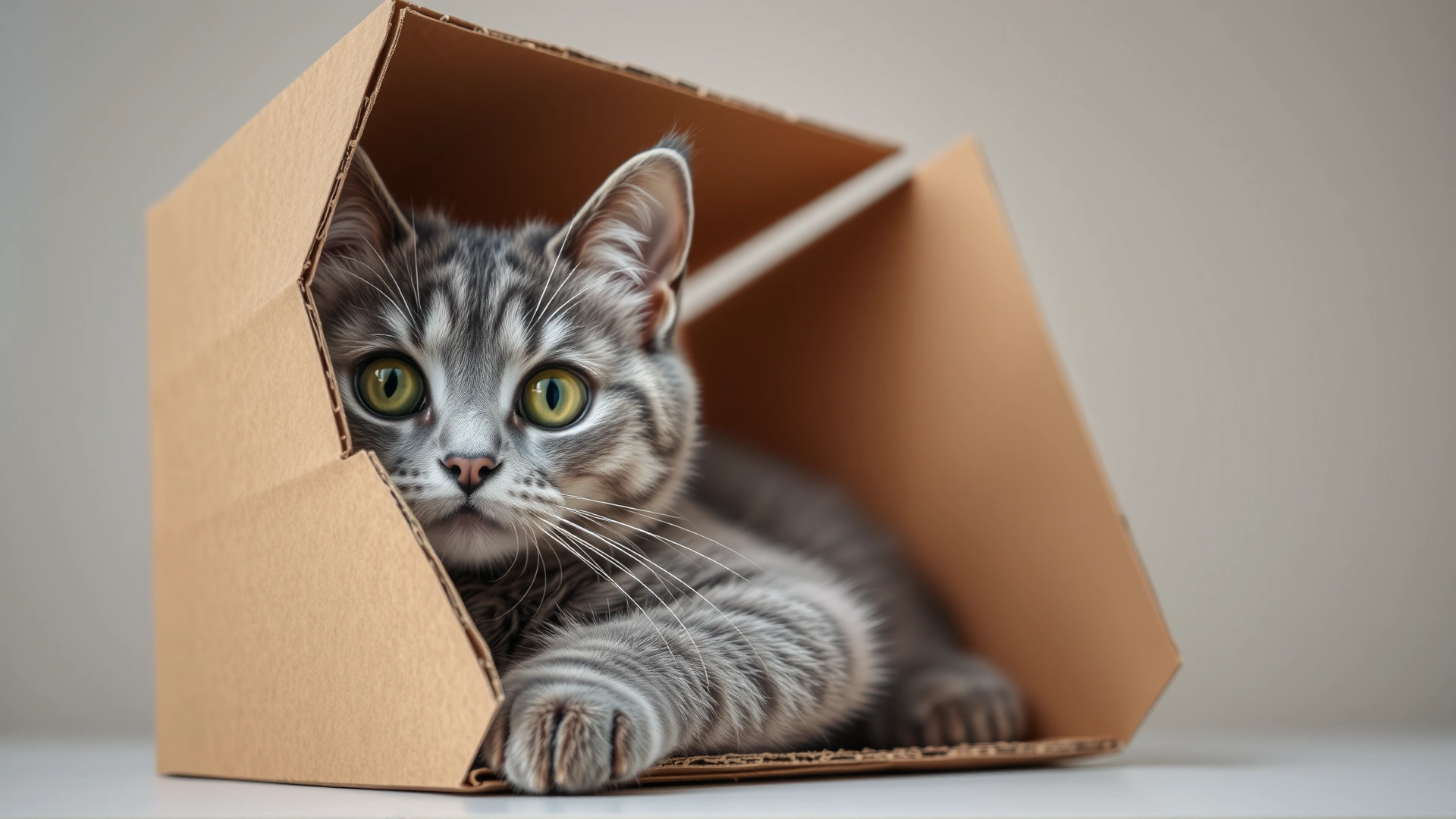 Gray domestic shorthair comfortably sitting inside a cardboard box with curious eyes peeking out, neutral background