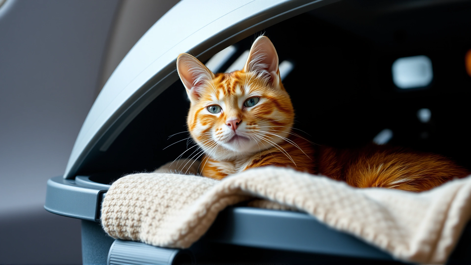 A ginger cat calmly sitting inside an airline-approved hard-sided carrier with a soft blanket, photographed at home