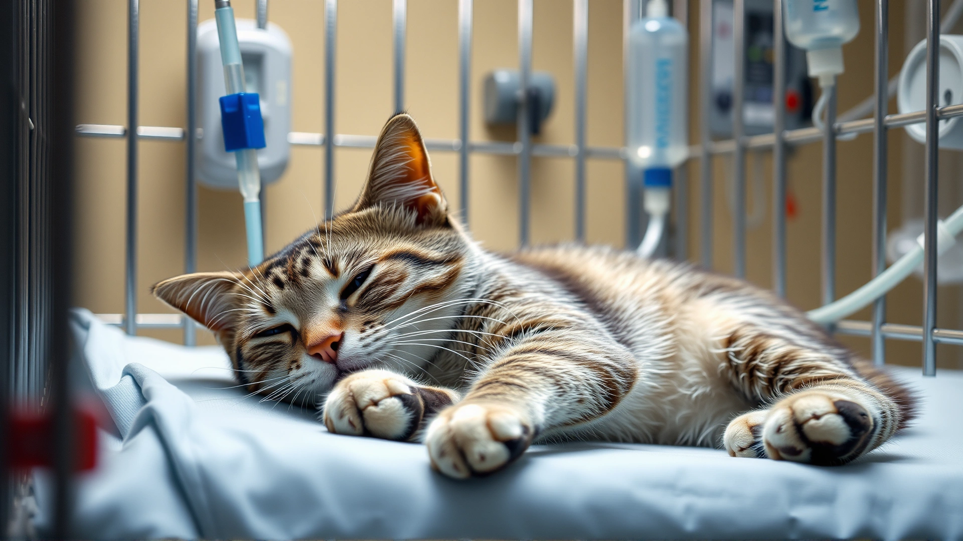Cat resting in a veterinary ICU cage receiving intravenous fluids, IV line visible along with monitoring equipment, soft clinical lighting.