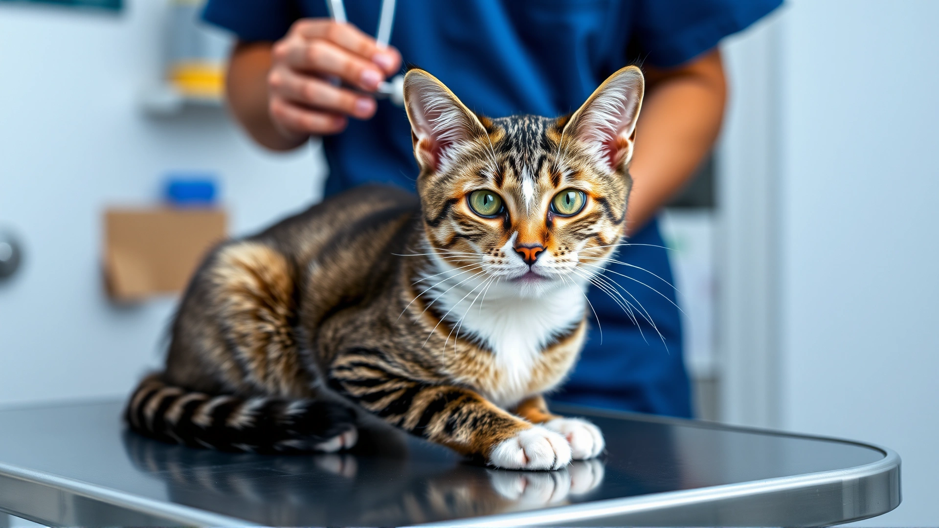 Domestic short hair cat sitting on a stainless steel veterinary table with a concerned yet calm expression, veterinarian in partial view with stethoscope in hand.