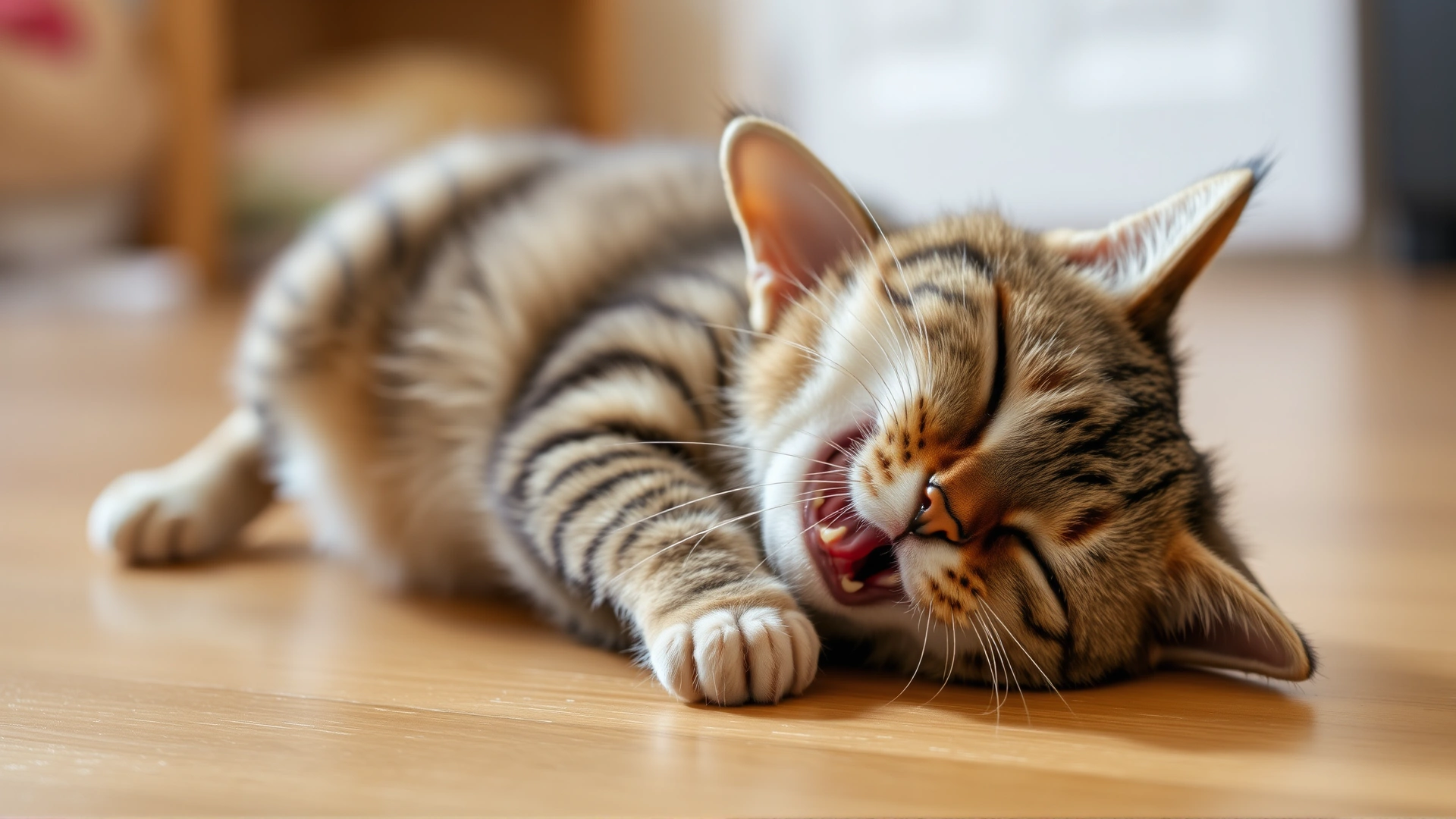 Close-up photographic image of a female domestic short-hair cat rolling on the floor and vocalizing, demonstrating typical behaviors of a cat in heat. Warm indoor lighting, focus on the cat’s posture and facial expression.