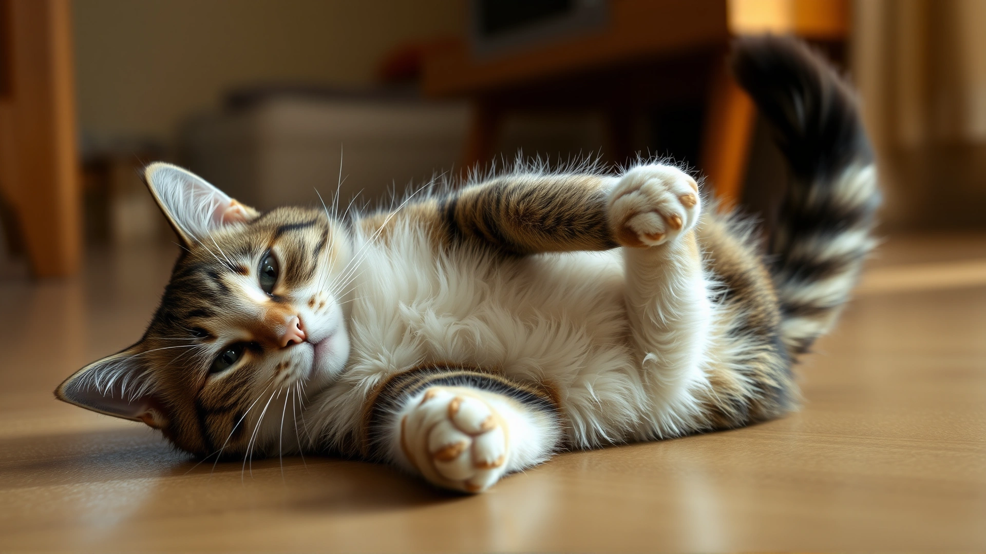 Female domestic cat rolling on the floor with tail raised, indoor setting, soft afternoon light.