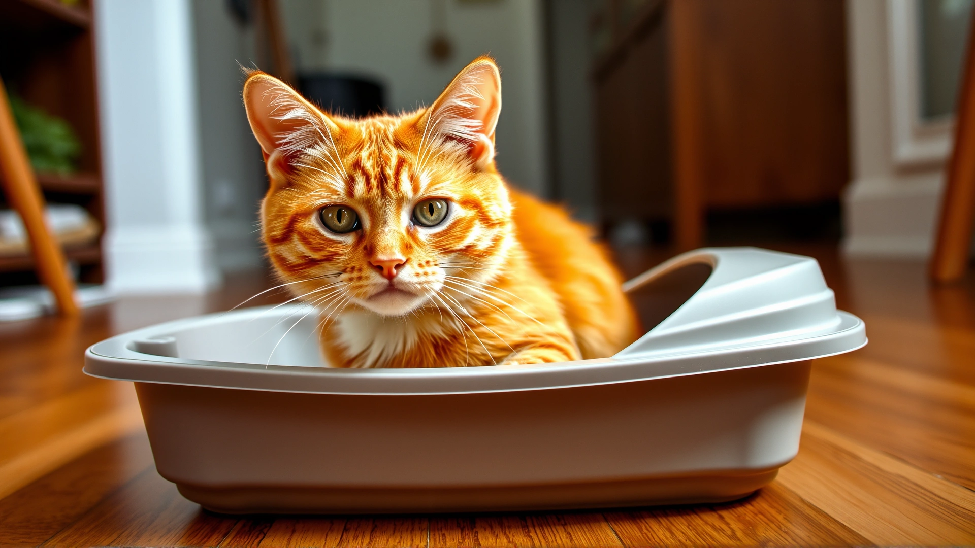 Orange tabby cat sitting inside a litter box looking uncomfortable; home environment with neutral colors