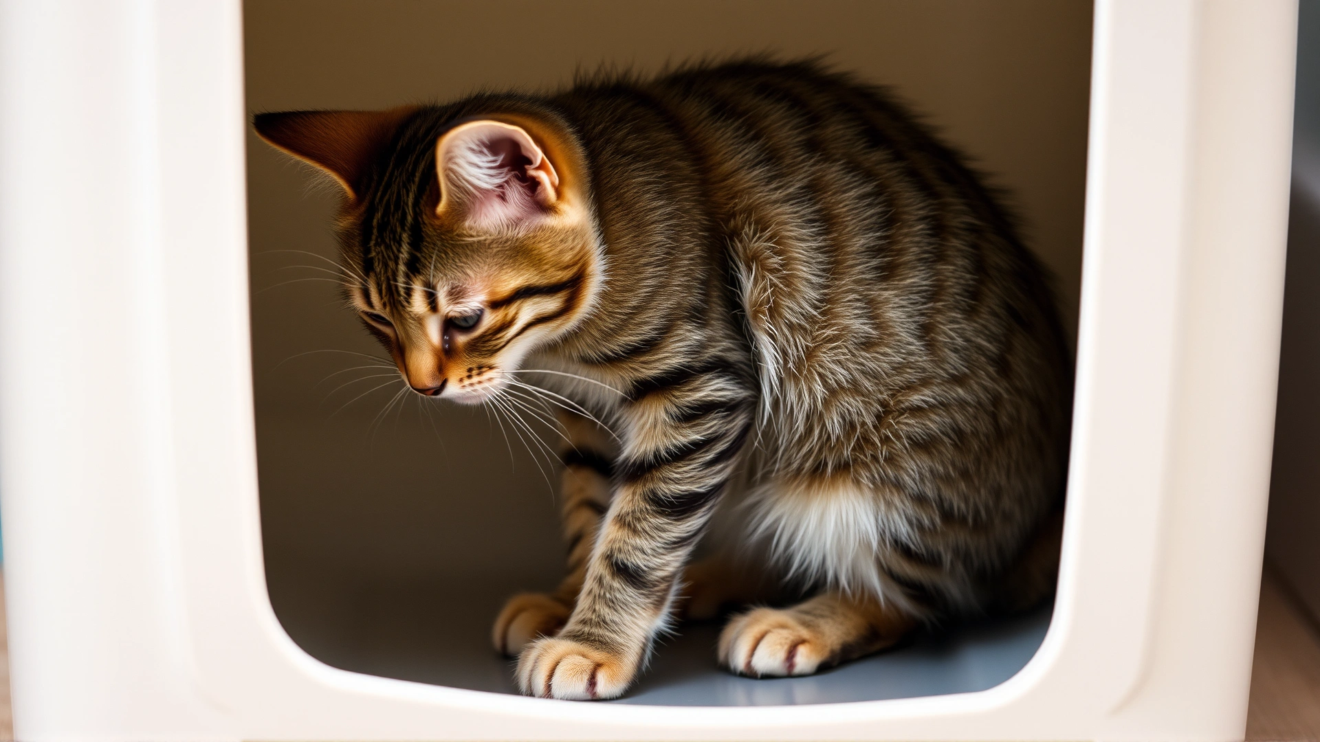 A young tabby cat straining in a litter box, illustrating urination difficulty.