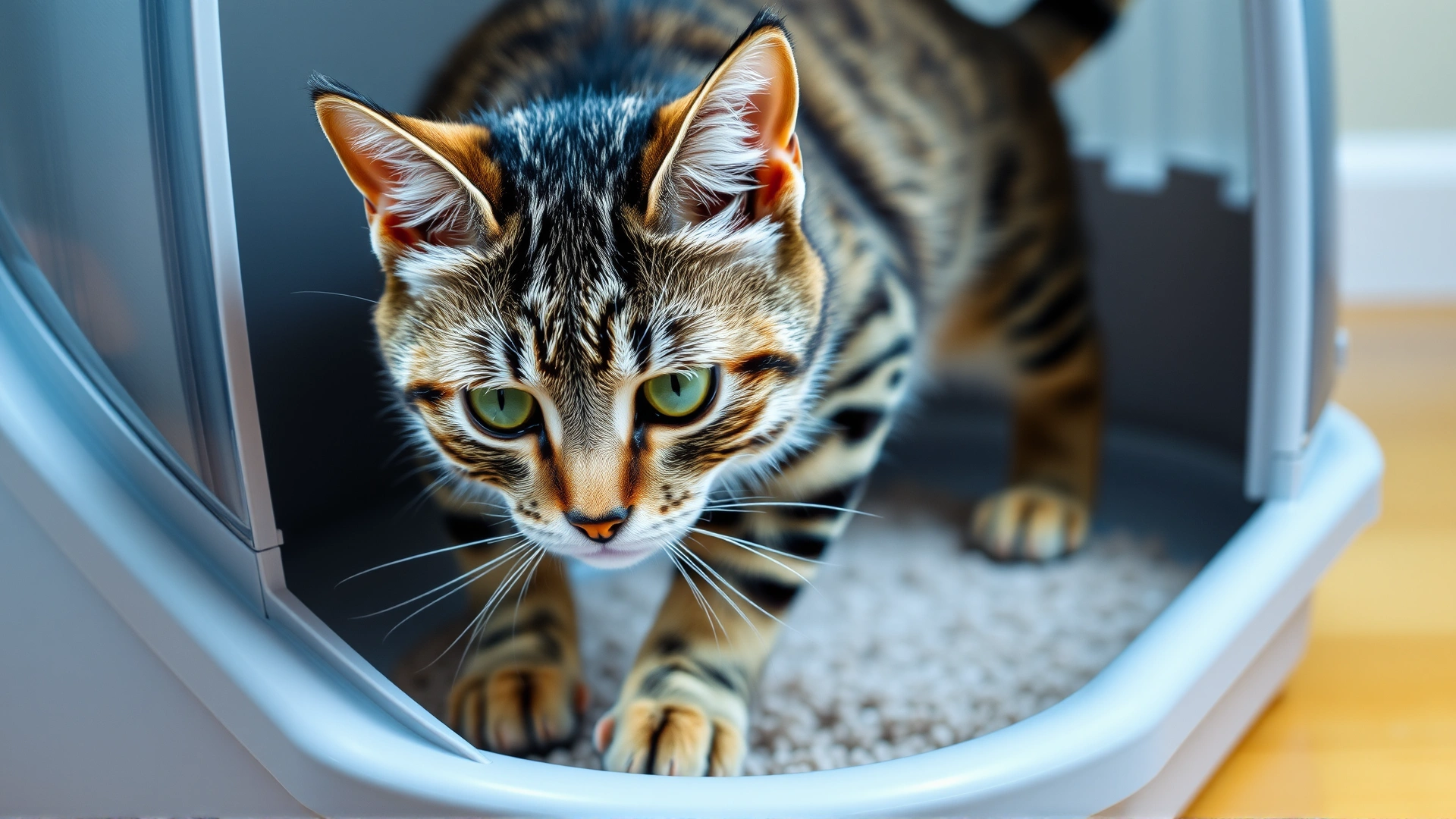 Close-up of a tabby cat stepping into a litter box, showing concern or hesitant body language, neutral indoor background