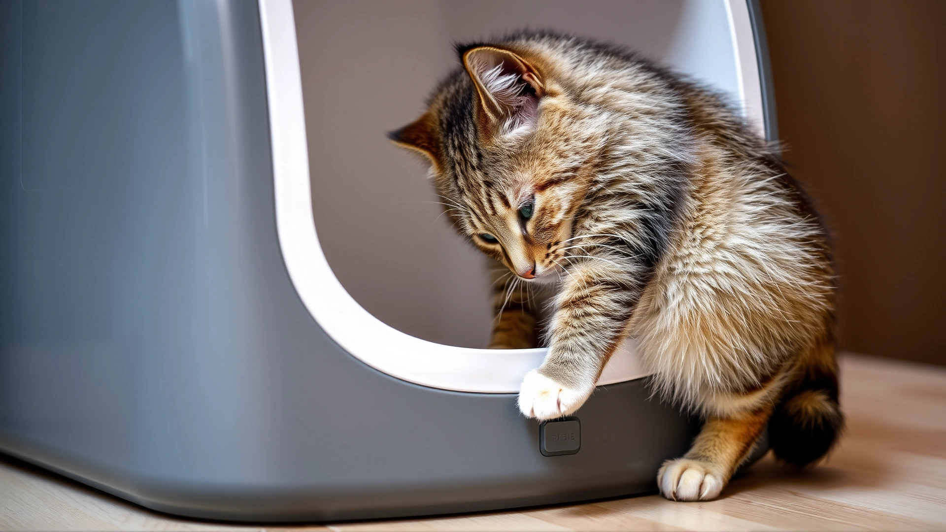 Close-up of a domestic cat stepping into a sleek automatic self-cleaning litter box, focus on the cat and device, no text.