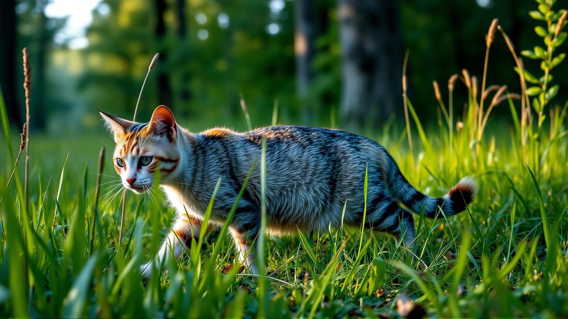 Domestic short-haired cat walking through tall grass in a forest edge, morning light, representing natural habitat where ticks are common