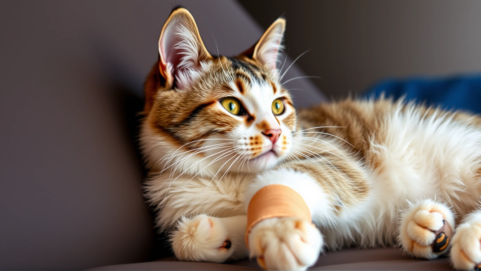 A domestic short-hair cat resting comfortably with a soft bandage on its paw, implying post-surgery recovery.