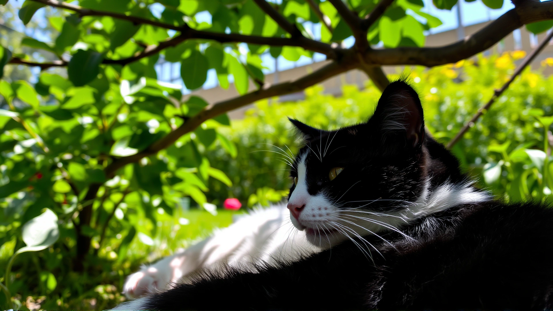 Black and white cat lounging under leafy shade in a garden, dappled sunlight
