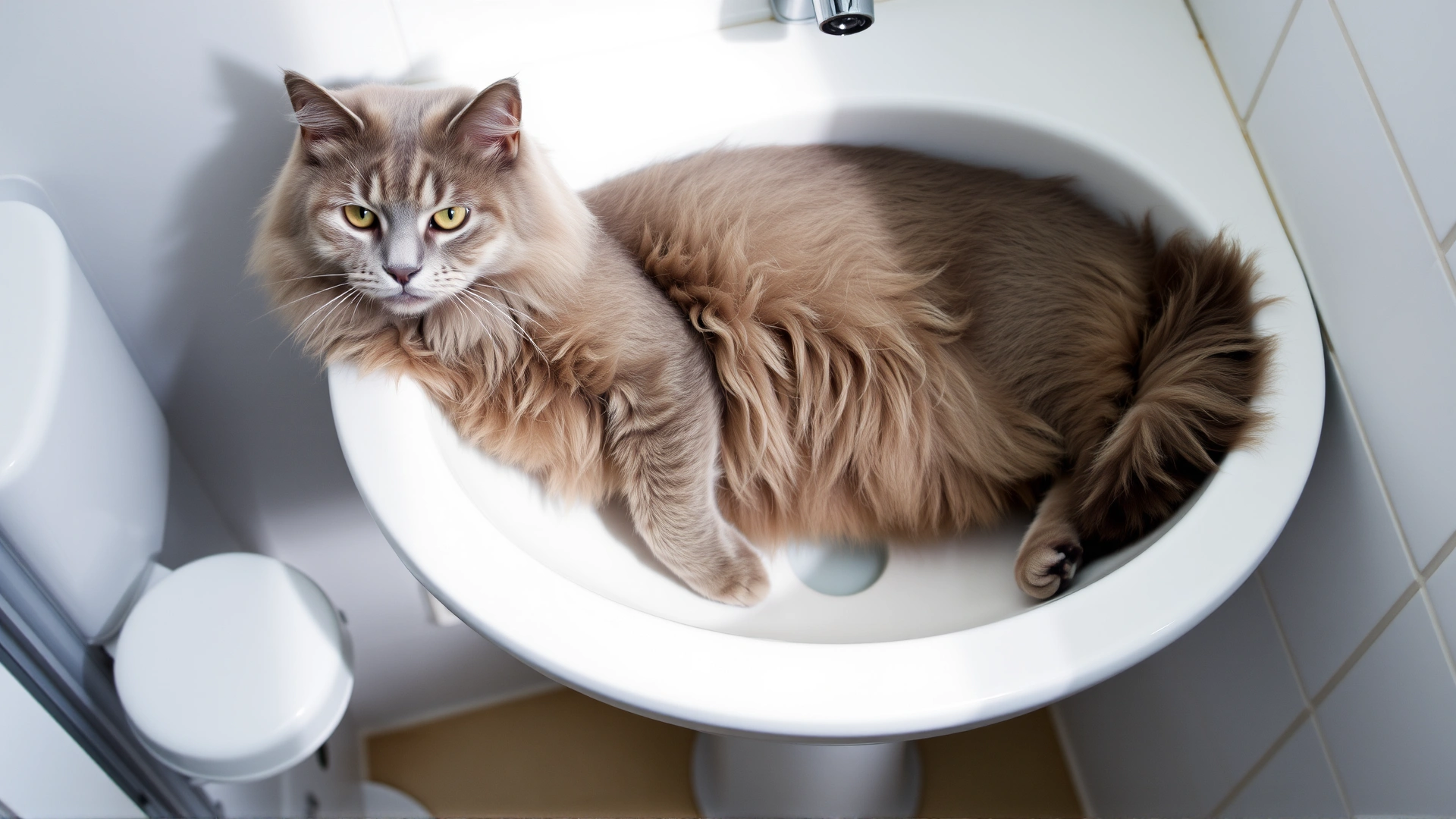 Long-haired grey cat lounging in a spotless white bathroom sink, its body perfectly conforming to the oval shape.