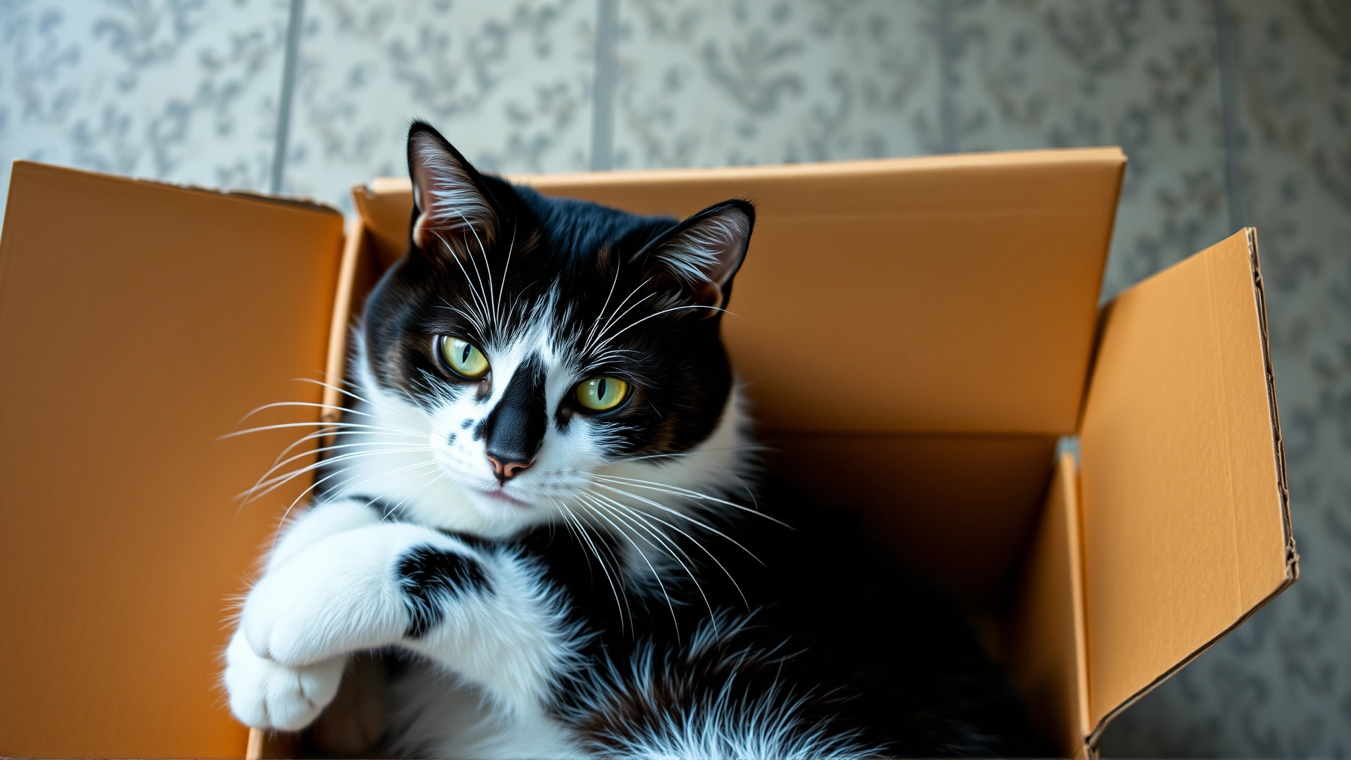 A tuxedo cat comfortably squeezed into a very small cardboard box, shot from above, highlighting the mismatch between the cat's size and the box.