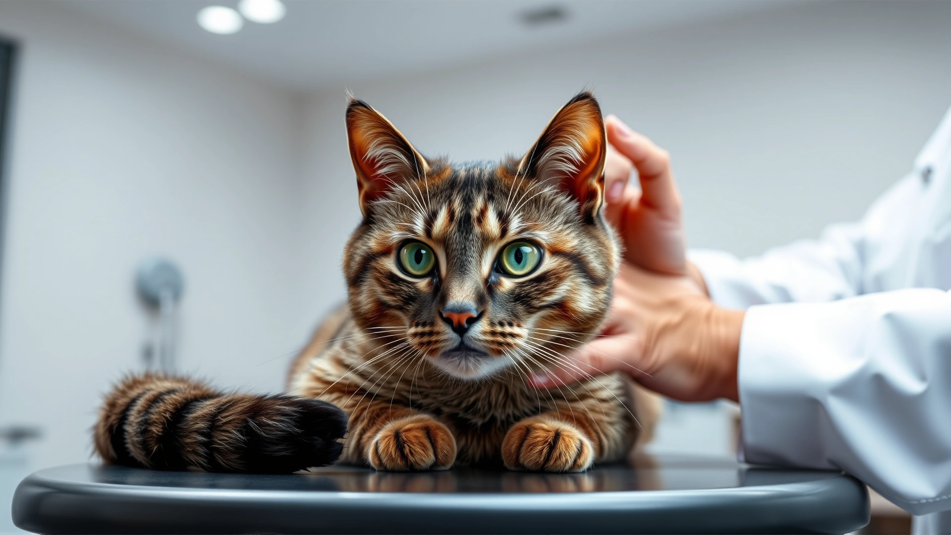 Domestic short-haired cat on an examination table while a veterinarian gently examines it, modern clinic background, focus on the cat's facial expression, no text on image