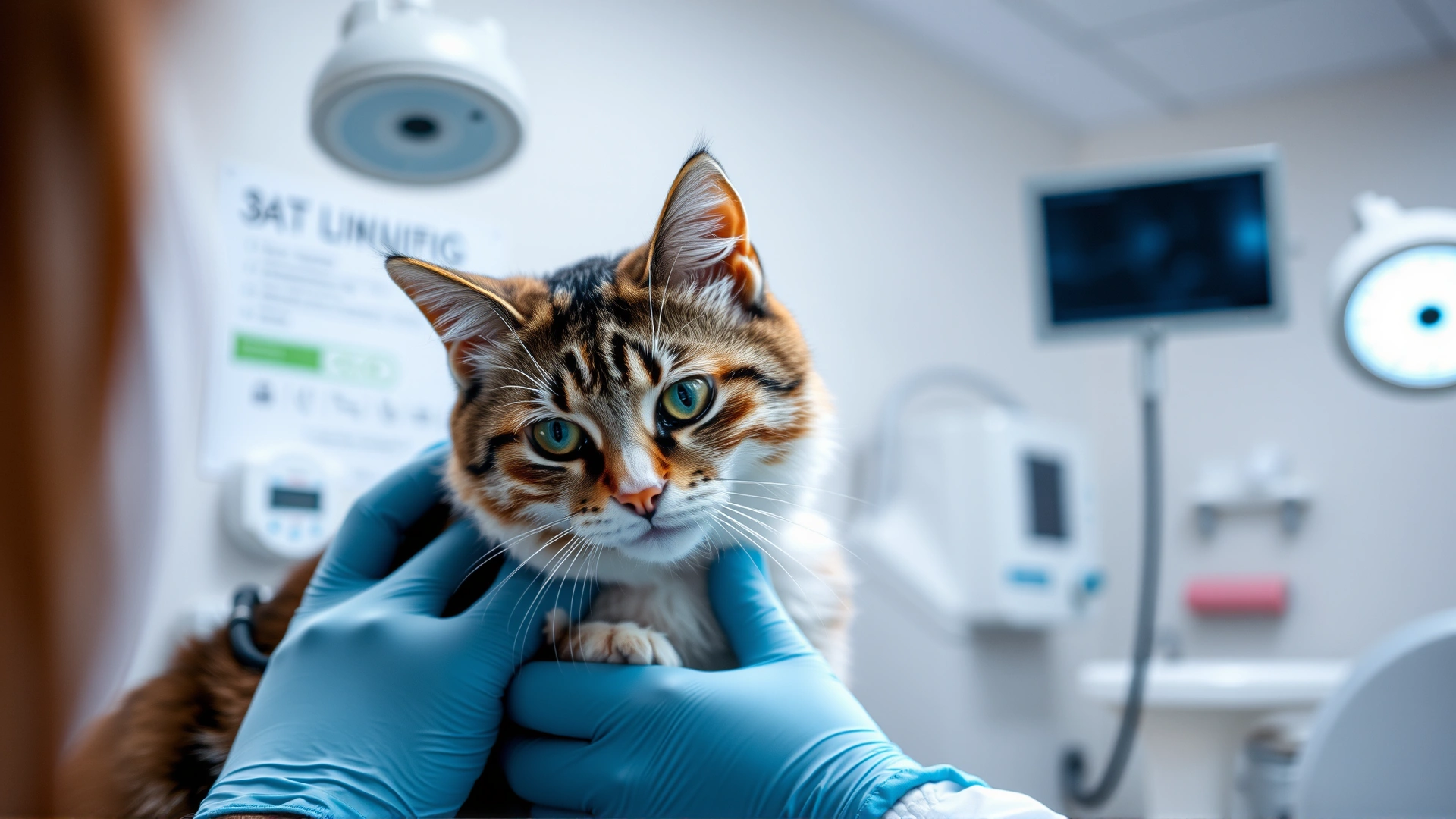 Domestic cat being gently examined by a veterinarian in a modern clinic with medical equipment in the background.