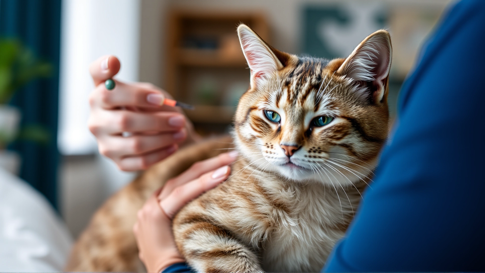 Pet owner gently administering a subcutaneous insulin injection to a calm short-haired cat at home