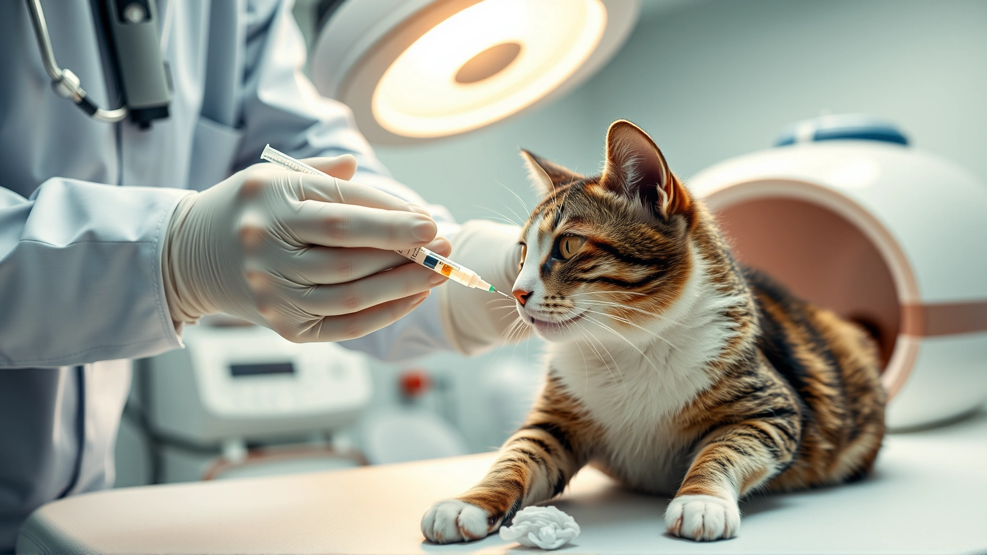 Veterinarian administering a subcutaneous injection to a calm domestic cat in a clinic setting, pet isolette on exam table, professional light.