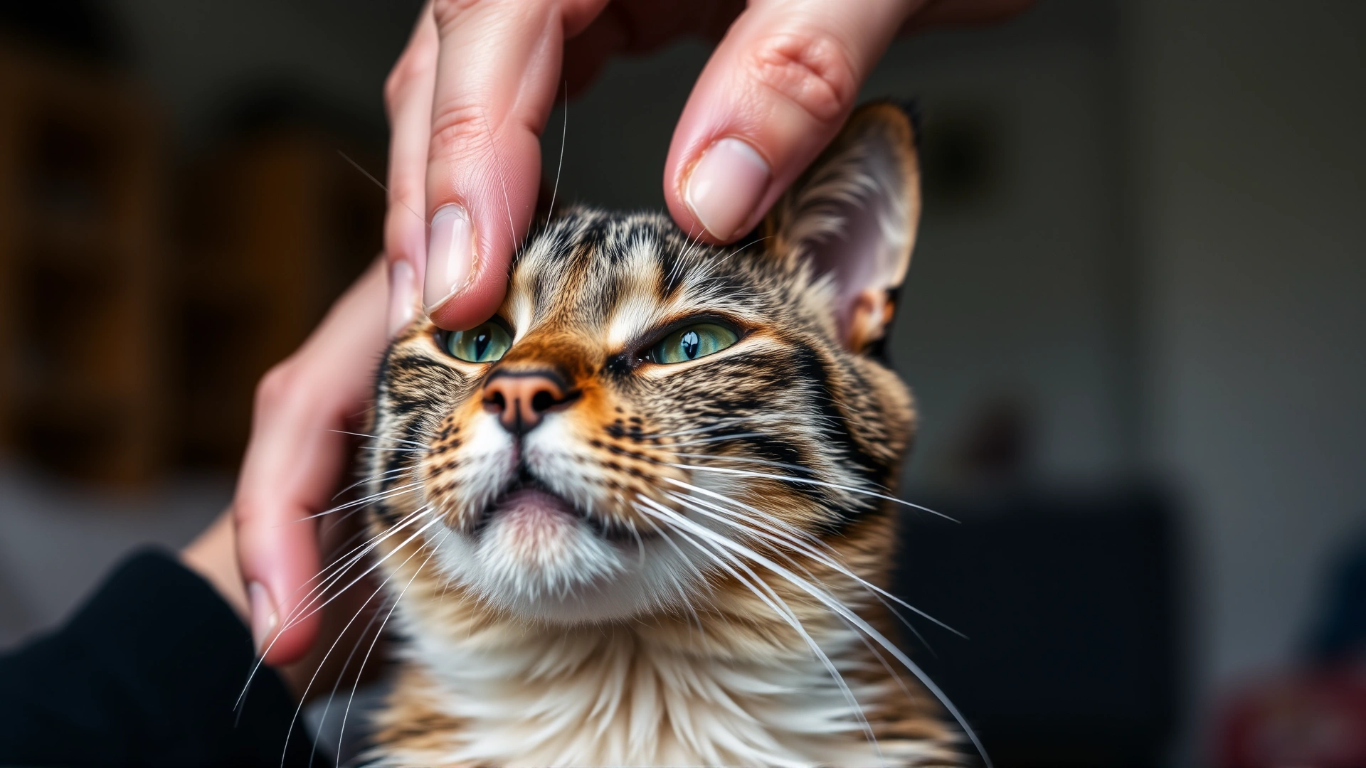 Owner gently parting the fur on a cat's forehead and neck with fingers to look for ticks, indoor setting, clear focus on fur and fingers.