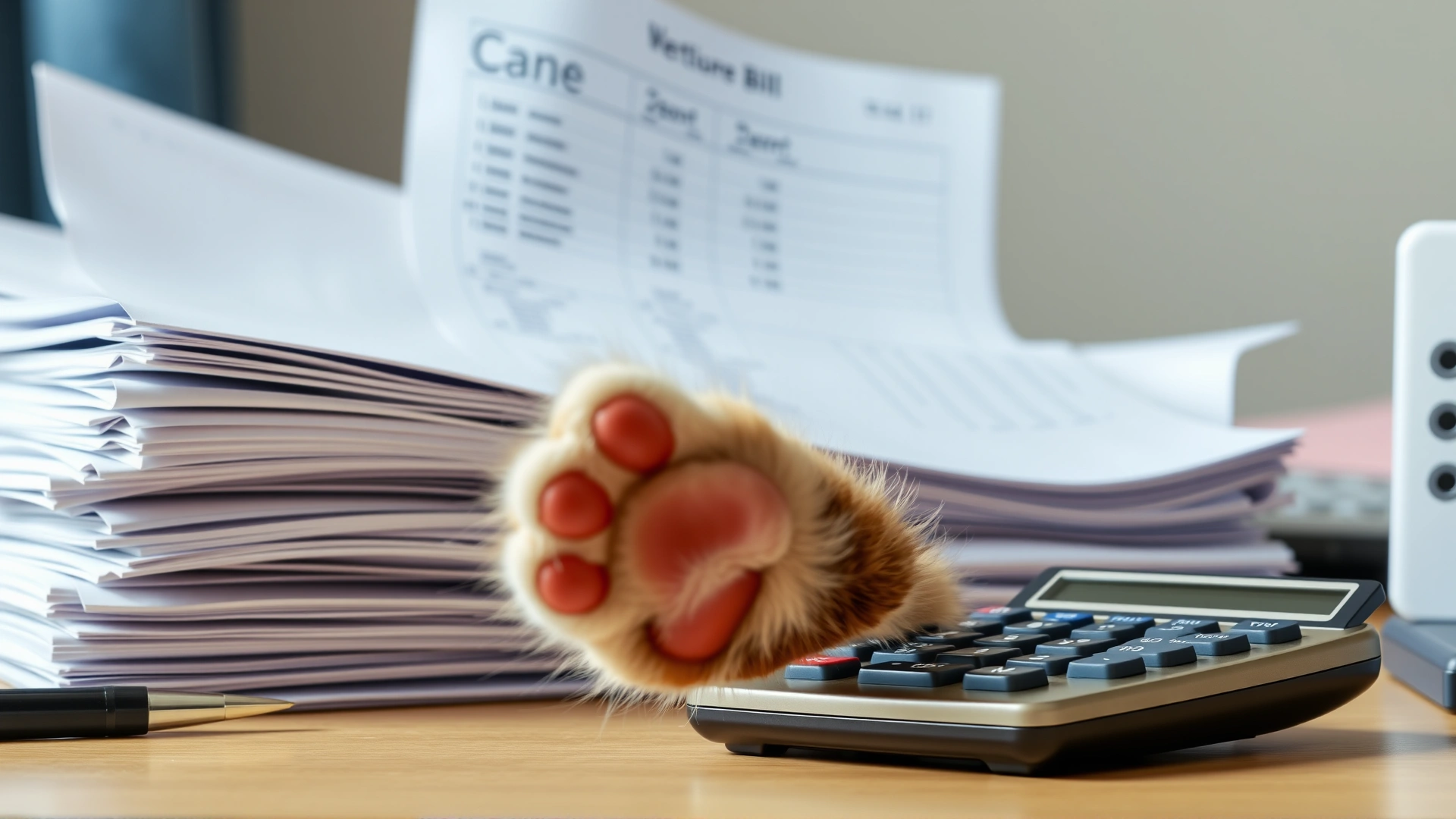 Stack of veterinary bills and a calculator on a desk with a curious cat paw reaching into frame.