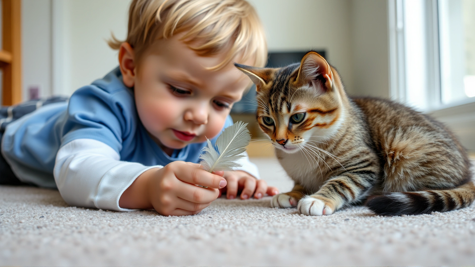 Young child playing with a relaxed foster cat using a feather toy on a carpeted floor; safe and bright environment.