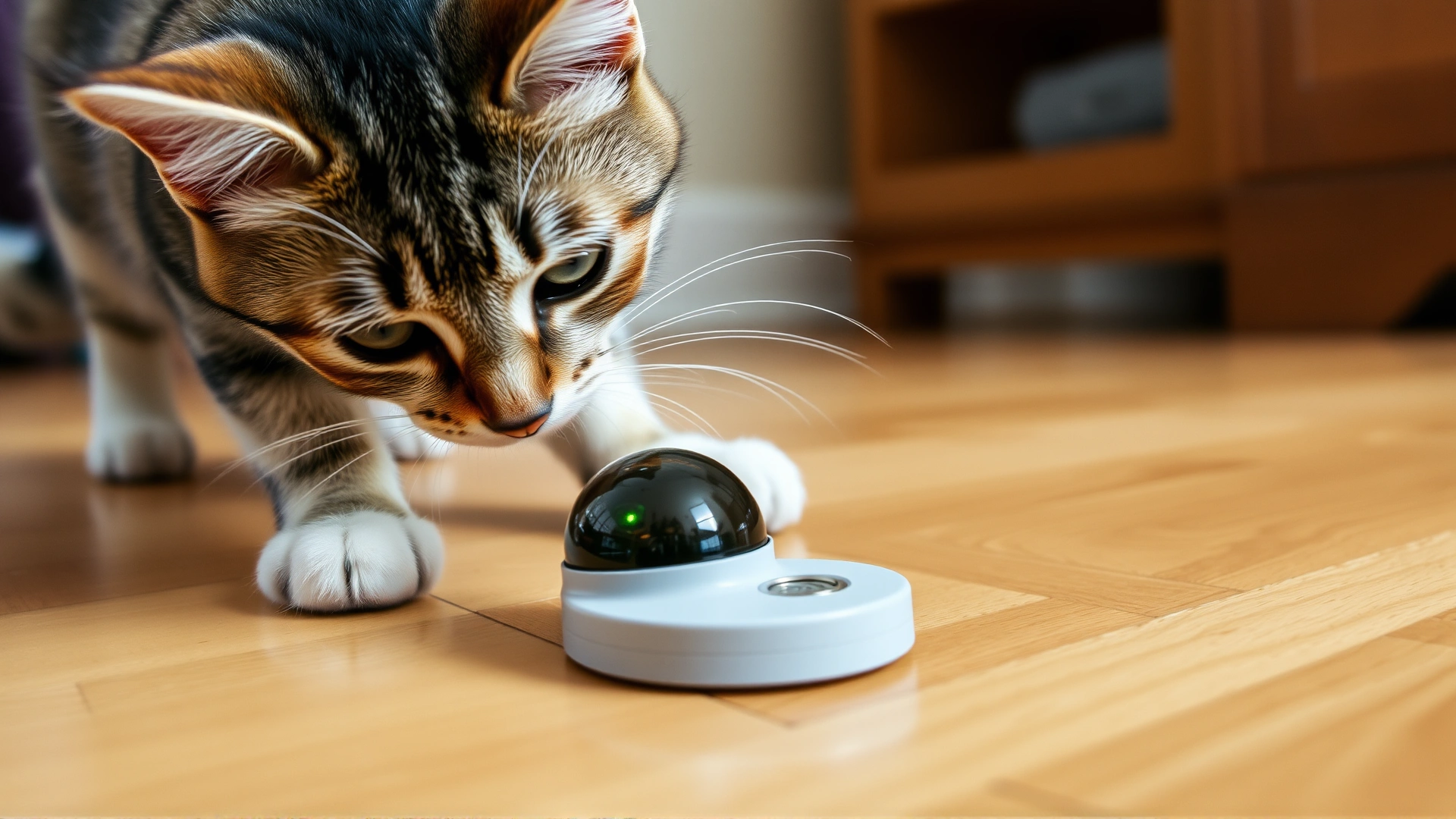 Close-up of a playful cat batting at an electronic moving toy on a hardwood floor, illustrating environmental enrichment.