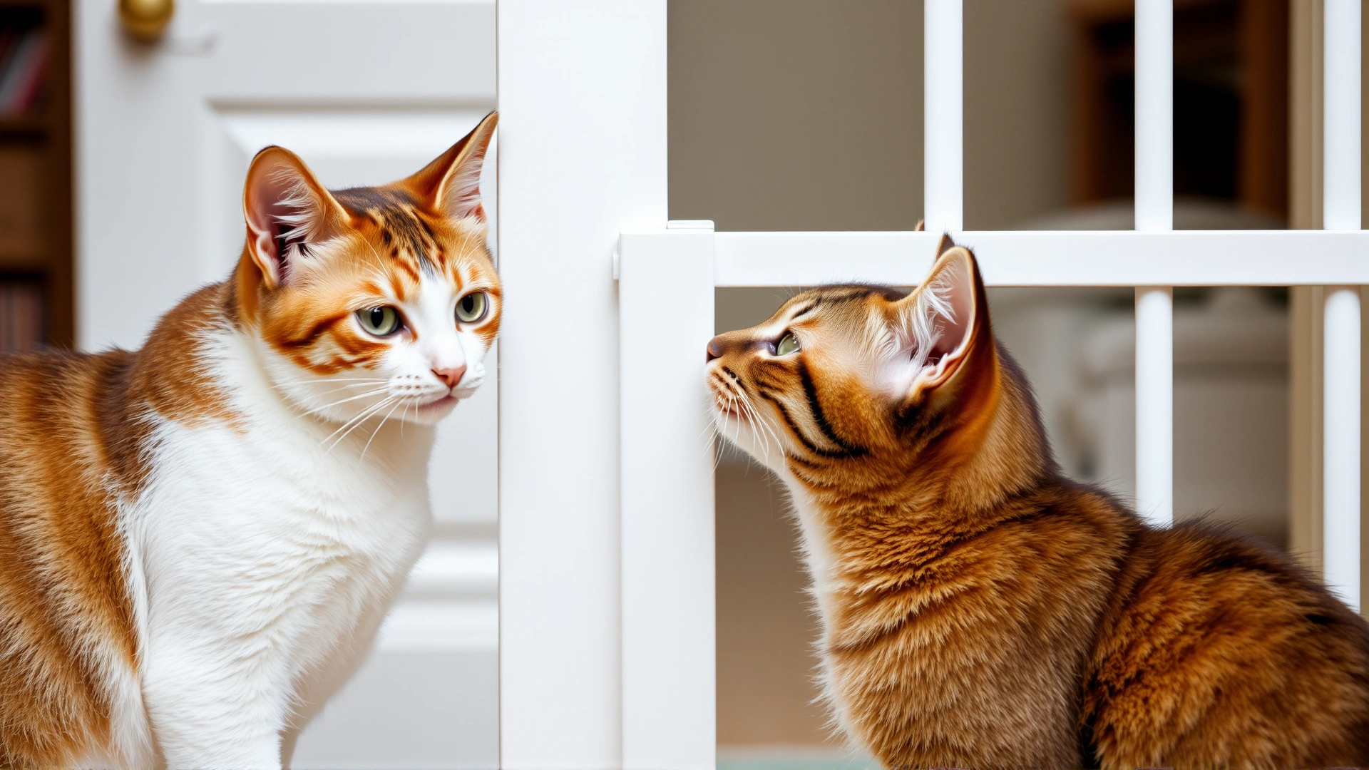 Two cats on opposite sides of a white baby gate cautiously sniffing each other, illustrating a safe introduction process.