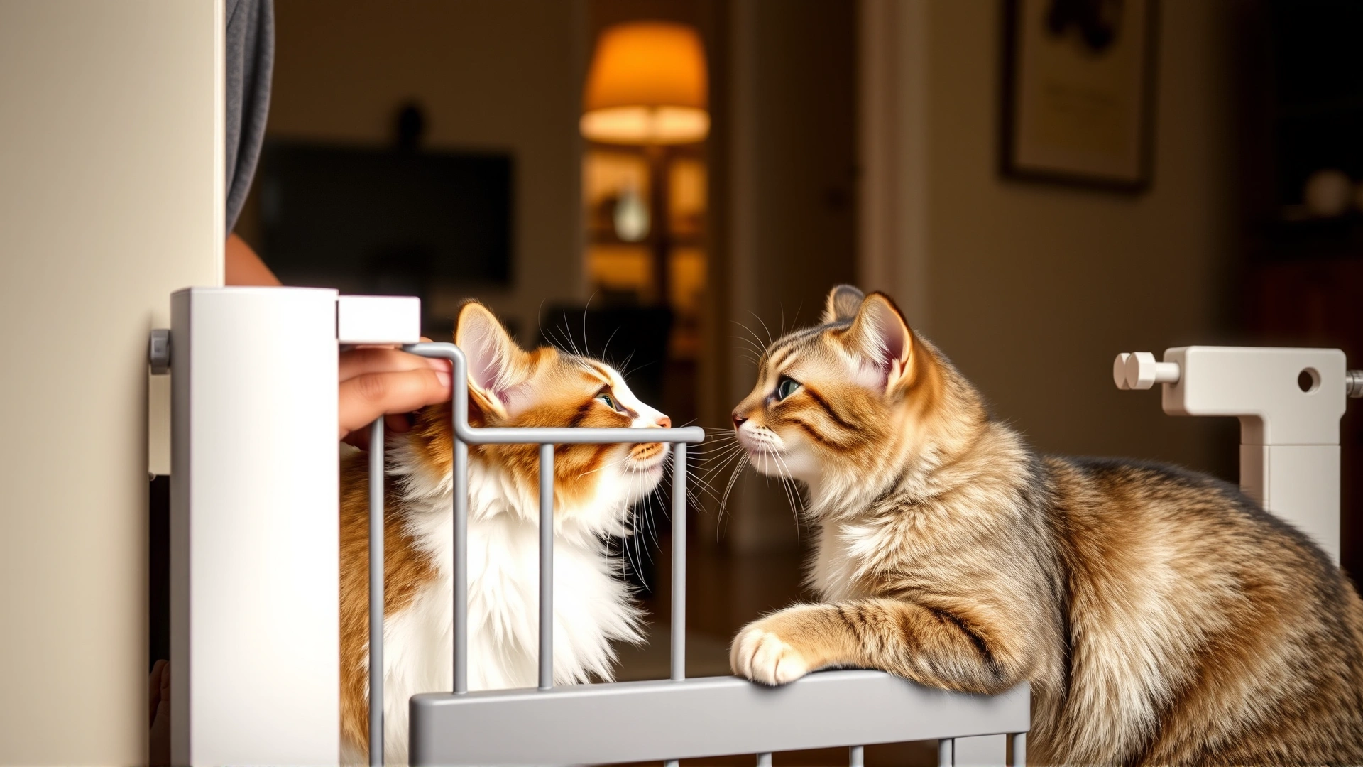 Owner introducing a new cat to a resident cat using a baby gate, both cats calmly sniffing each other, warm indoor lighting