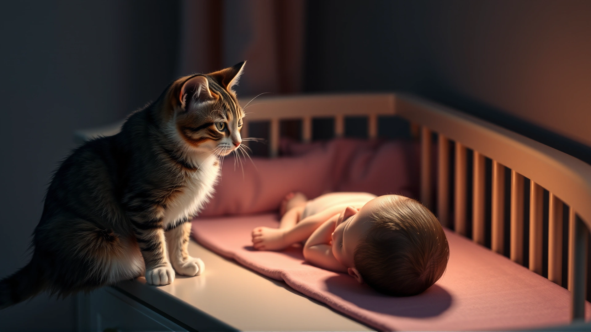 Curious cat sitting on dresser looking into crib at sleeping newborn, ambient soft lighting
