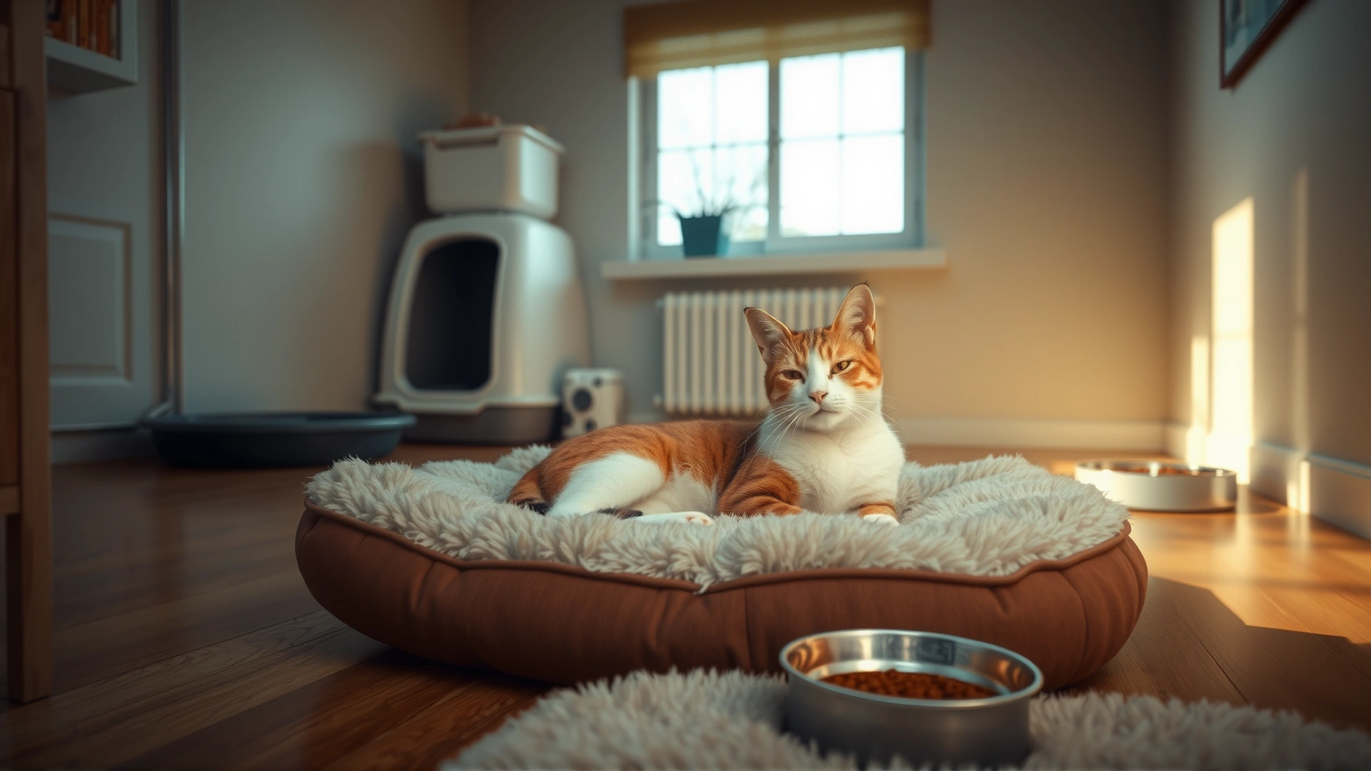 Cozy, well-lit room with a single cat resting on a plush bed, a separate litter box and food bowls in the background, conveying isolation care