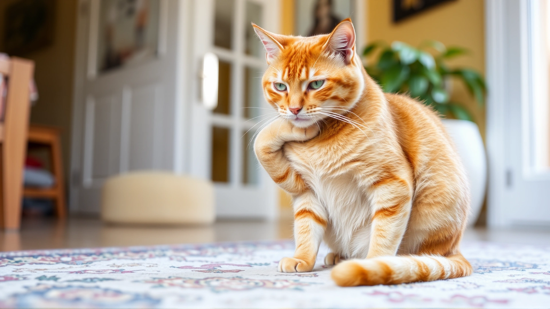 Ginger cat sitting on a rug while scratching its neck with hind leg, sunny living room background, no text.