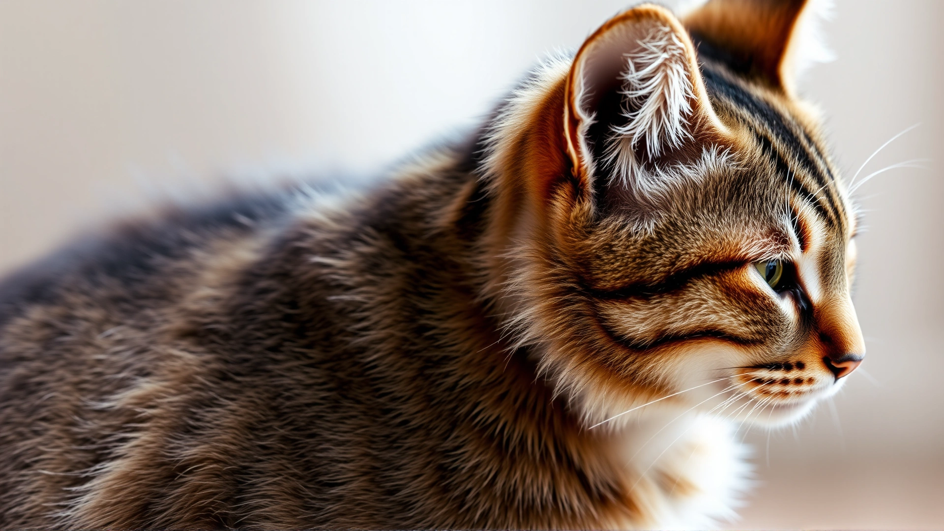 Photo of a tabby cat scratching behind its ear with hind leg, clear view of fur and skin irritation