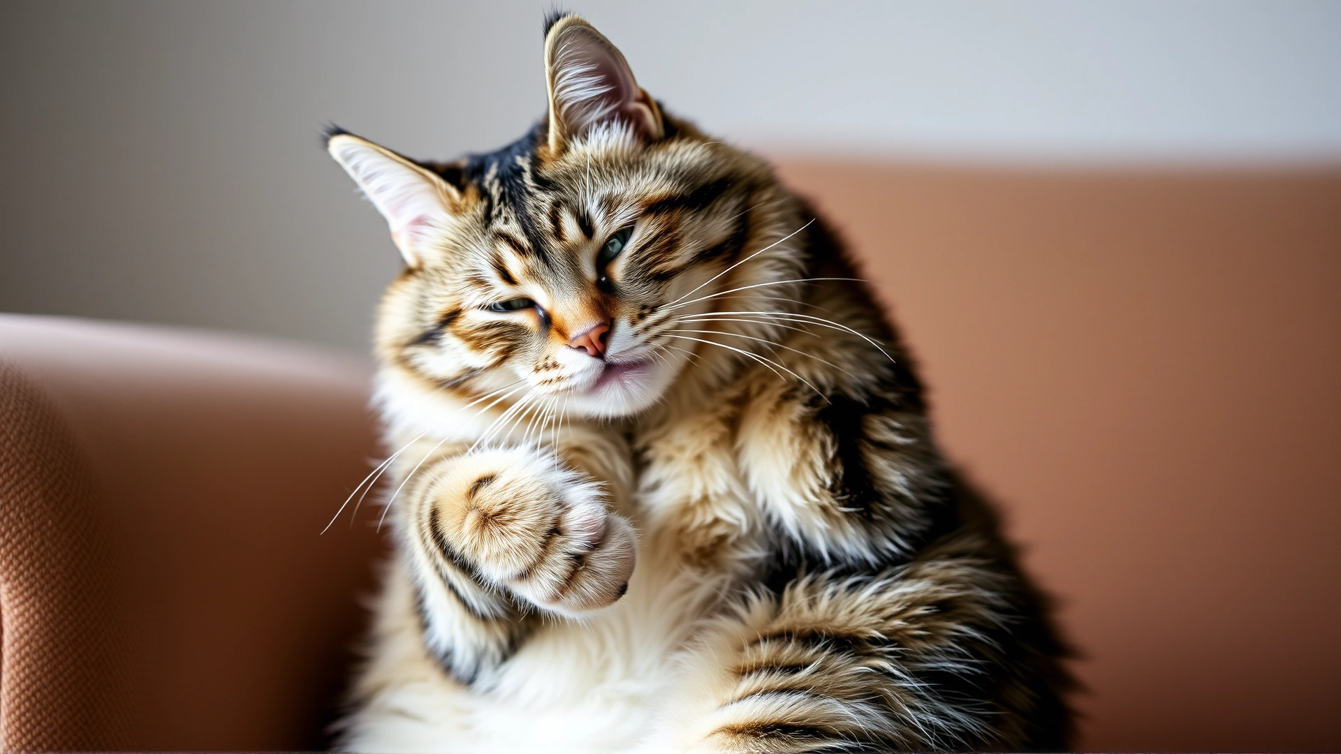 Photo of a tabby cat scratching its neck with its hind leg while sitting on a couch, soft indoor lighting, high resolution, sharp focus