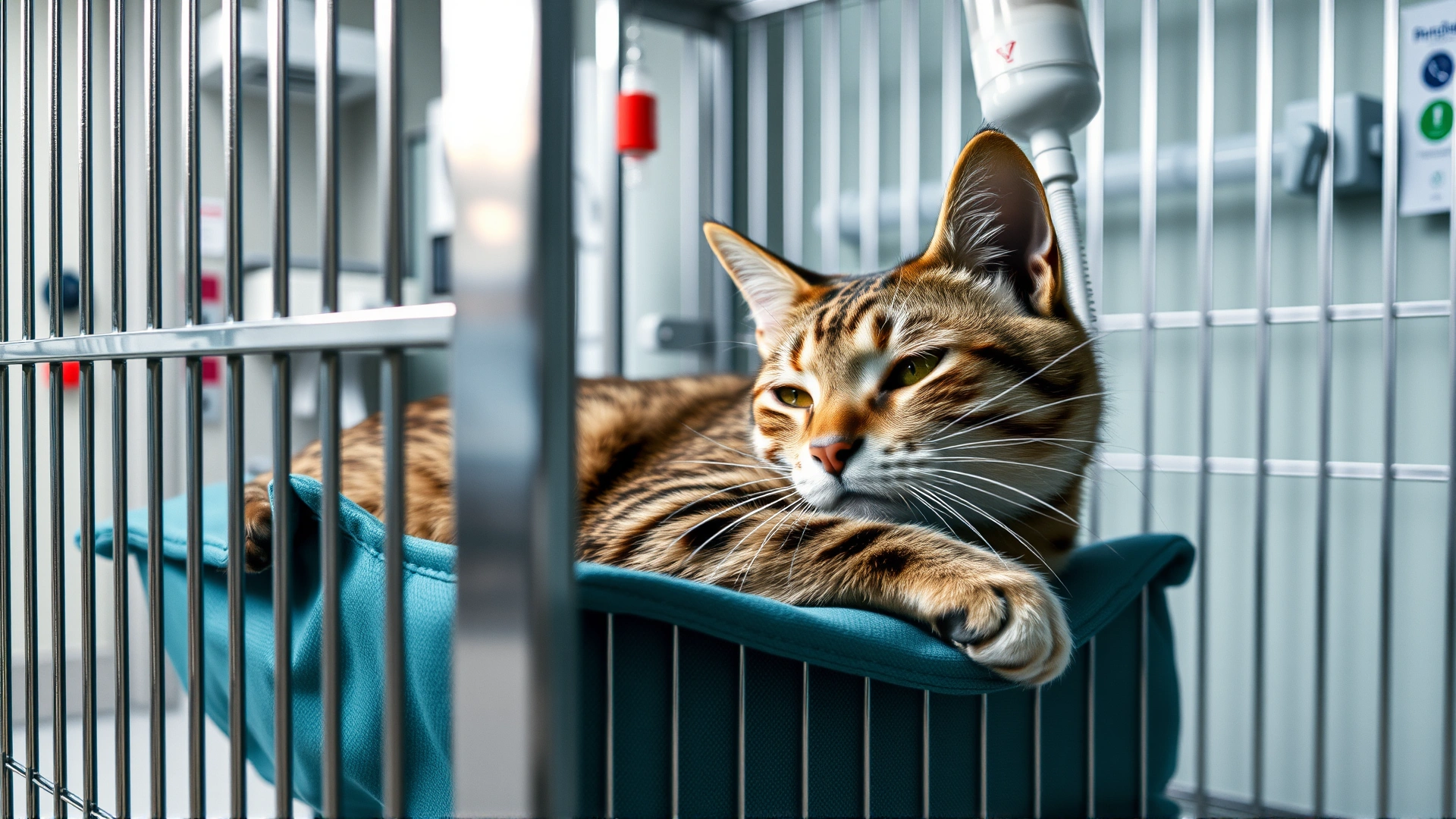 Hospitalized cat resting in an ICU cage with an IV line attached, veterinary clinic setting