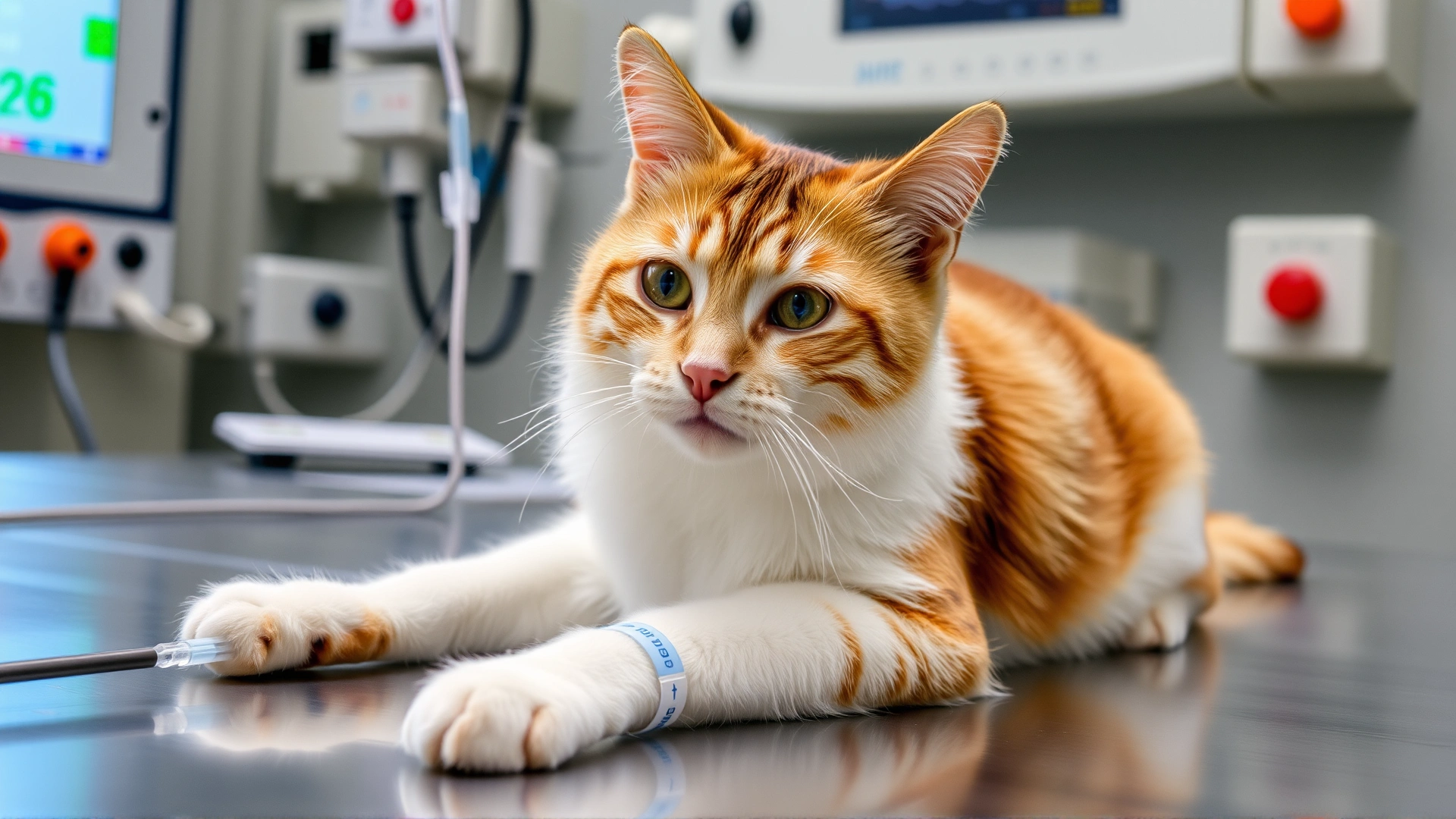 Domestic cat on a vet hospital table receiving intravenous fluids, visible IV line and monitoring equipment.