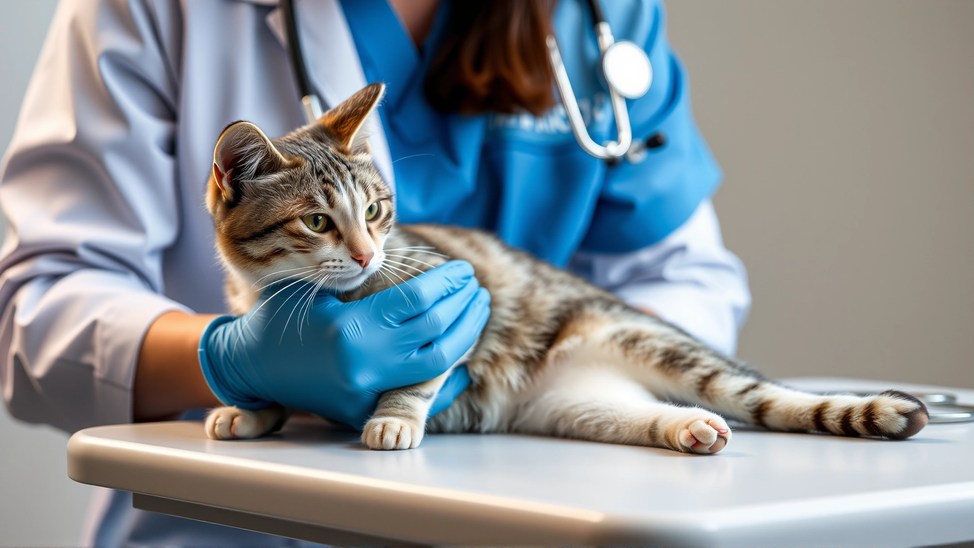 Veterinarian gently examining a cat's swollen elbow joint on an exam table, stethoscope in background
