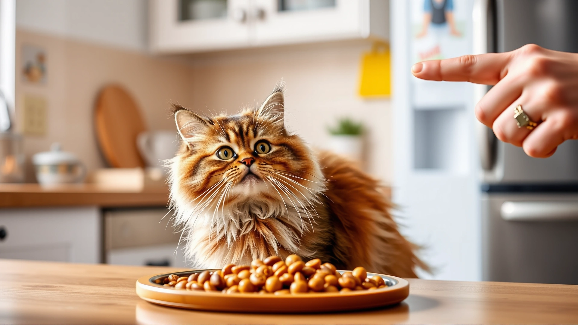 A fluffy cat staring eagerly at a food bowl while a person points to it and speaks a command, bright kitchen setting