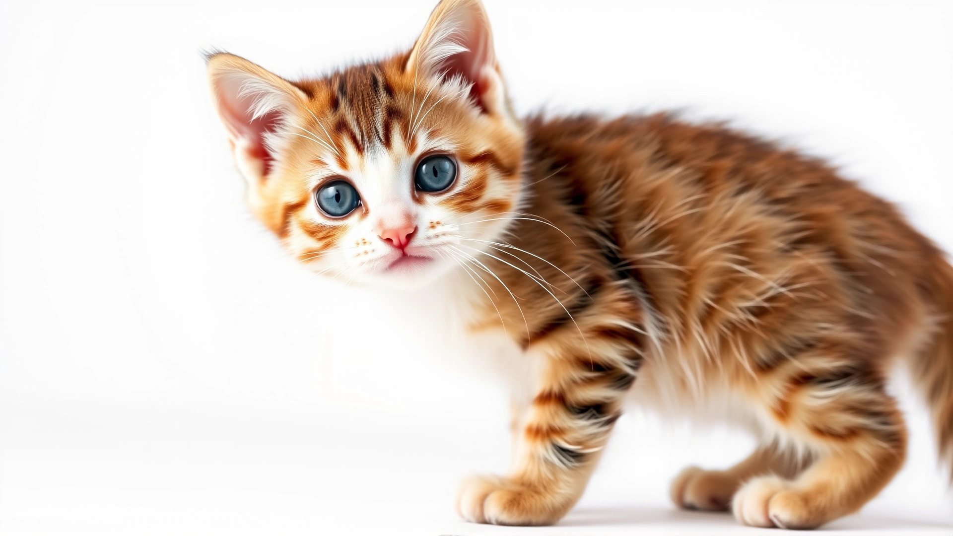 Playful young kitten with bright eyes standing on a plain white background, high-resolution studio photo
