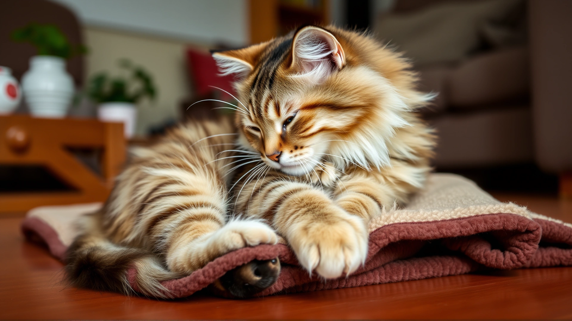 Fluffy tabby cat kneading a soft fleece blanket with its front paws, living room background