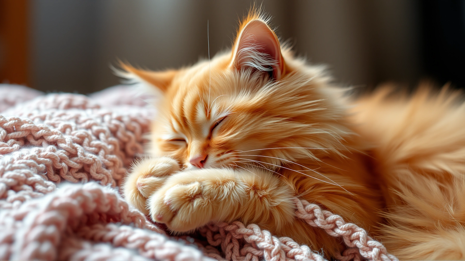 Fluffy orange cat kneading a soft knitted blanket while purring, close-up shot, cozy indoor lighting