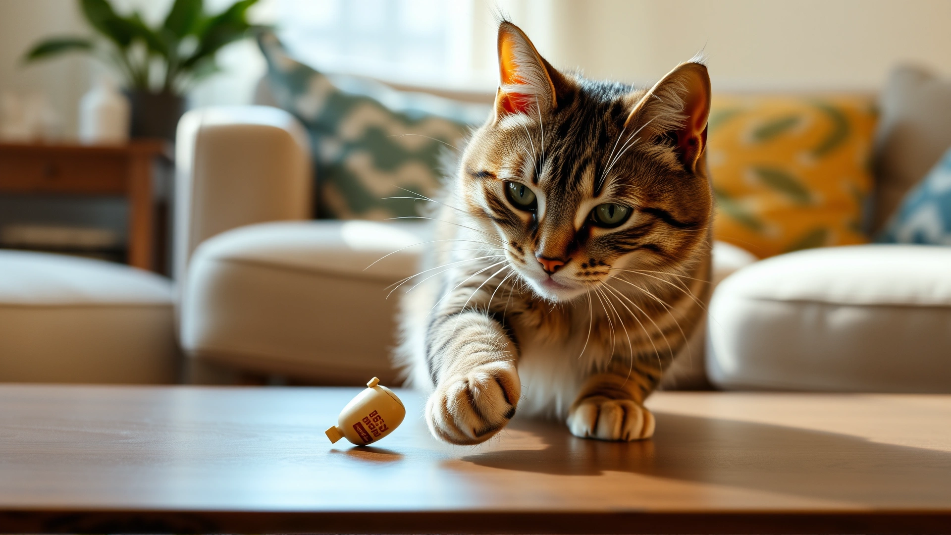Playful tabby cat pushing a small object off a living-room coffee table, motion blur on the falling item, bright daylight, photo-realistic