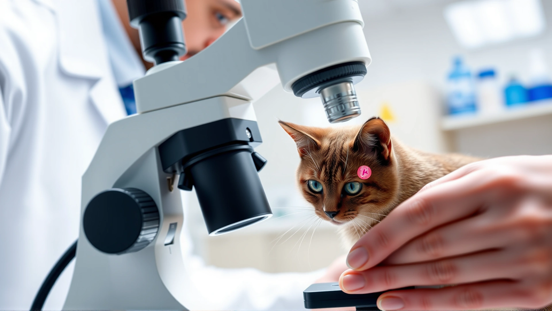 Veterinary technician examining a cat blood smear under a microscope in a bright laboratory environment, focus on microscope slide and hands.