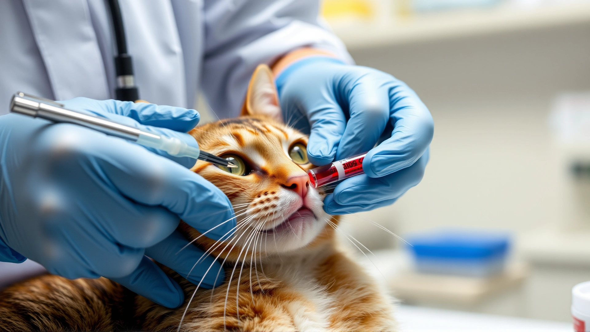Close-up of a vet technician’s gloved hands drawing a blood sample from a cat’s front leg inside a veterinary laboratory.