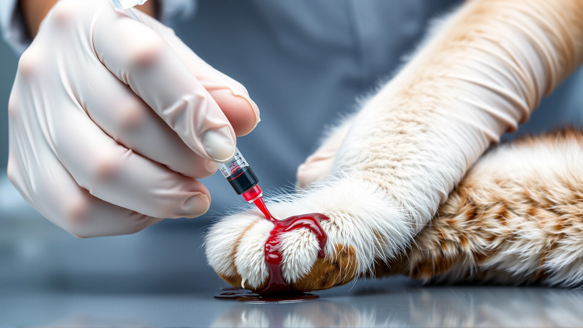 Close-up of gloved hands drawing blood from a cat’s leg for laboratory analysis, focus on syringe and paw, no text