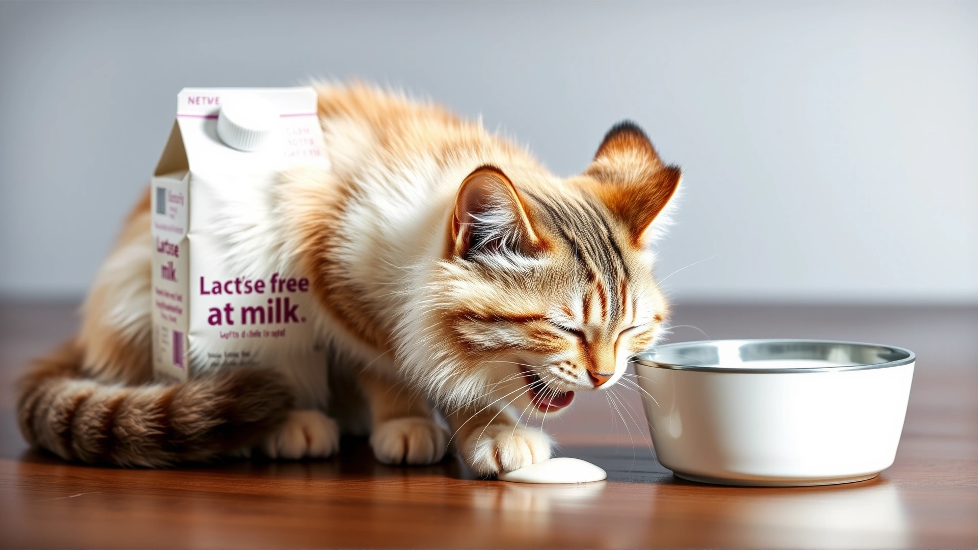 A carton labeled lactose-free cat milk beside a bowl, with a happy cat drinking; no text visible on carton, generic design.