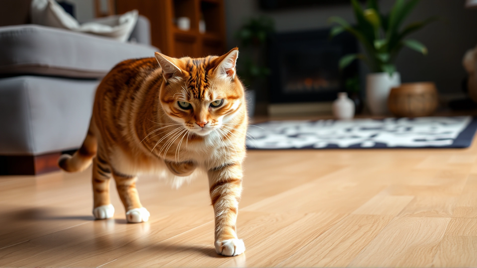 Adult cat gingerly walking across a living room floor, raising one paw slightly to indicate lameness or discomfort.