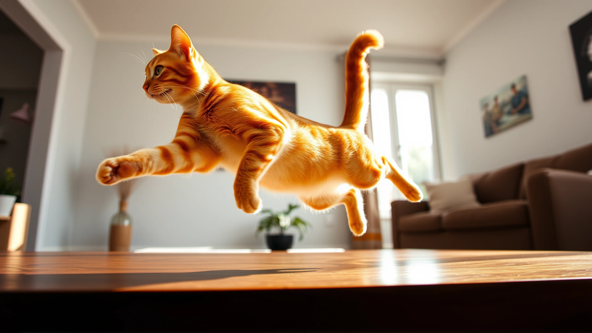 Action photo of an energetic orange tabby cat mid-leap in a sunlit living room, symbolizing vitality and strong muscles.