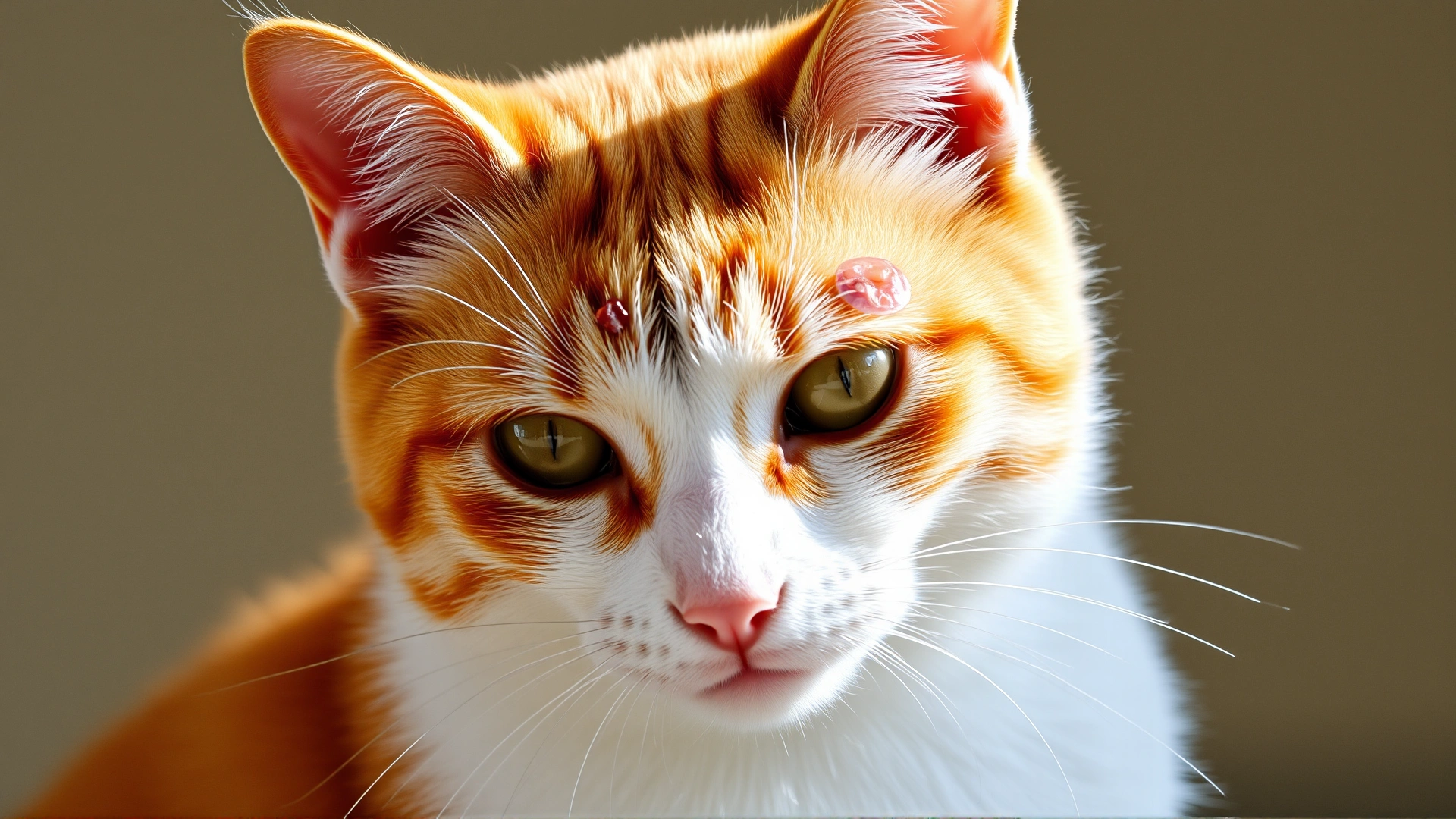An orange and white domestic shorthair cat sitting while showing mild crusty lesions on its ear and forehead, photographed in natural light