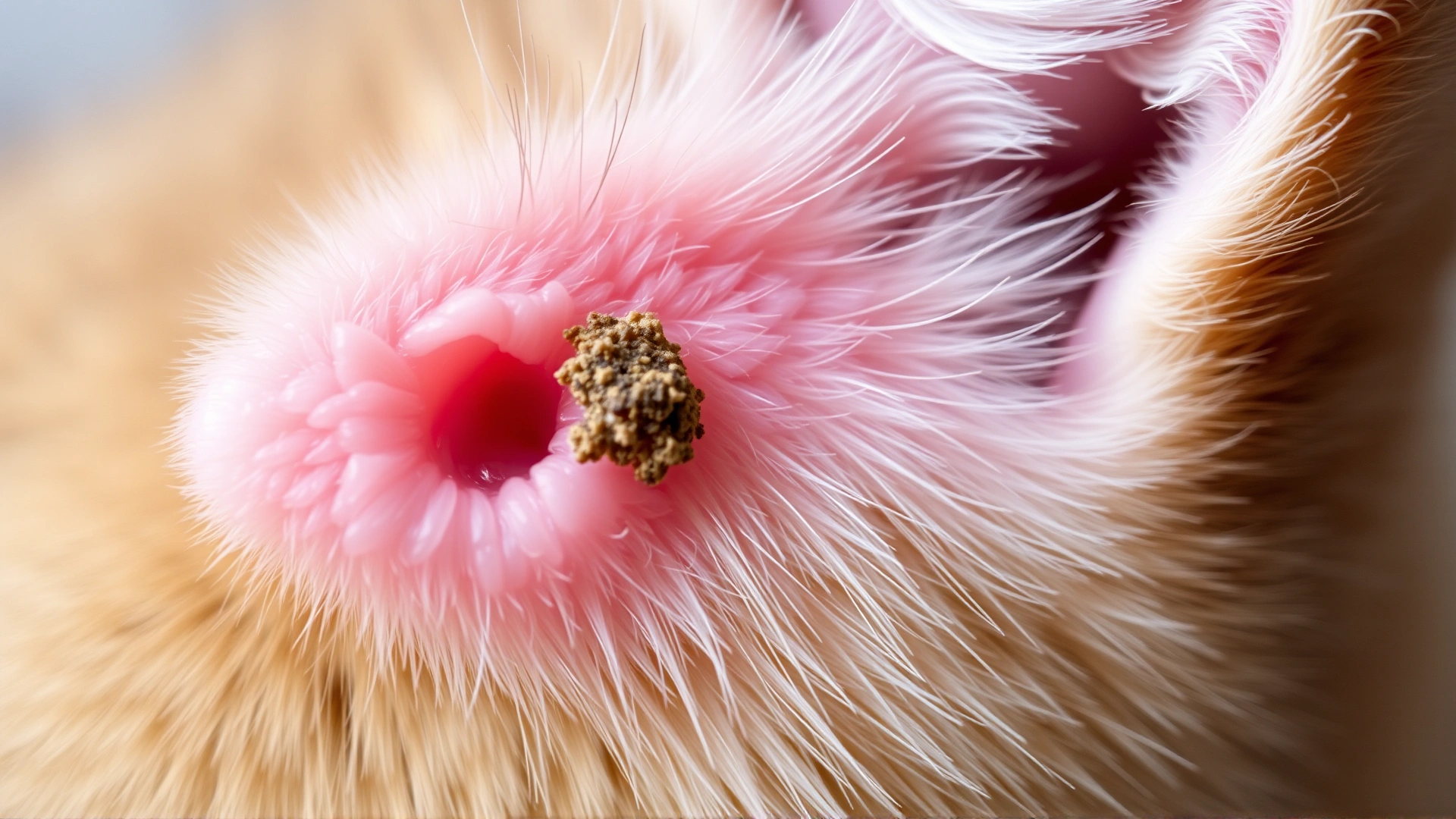 Macro shot of a cat's ear tip showing a small crusty lesion on pink skin, high detail to illustrate early skin cancer signs